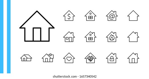 Set of House Vector Home Line Icons. Contains symbols of Conclusion of Contract, Heart, Drop of water, fire, money and more. Editable Stroke. 32x32 pixels.