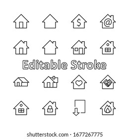 Set of House Vector Home Line Icons. Contains symbols of Conclusion of Contract, Heart, Drop of water, fire, money and more. Editable Stroke. 32x32 pixels.