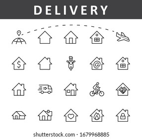 Set of House Vector Home Line Icons. Contains symbols of Conclusion of Contract, Heart, Drop of water, fire, money and more. Editable Stroke. 32x32 pixels.