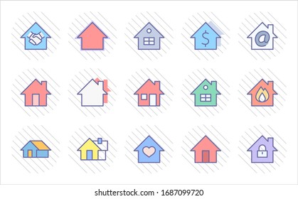 Set of House Vector Home Line Icons. Contains symbols of Conclusion of Contract, Heart, Drop of water, fire, money and more. Editable Stroke. 32x32 pixels.