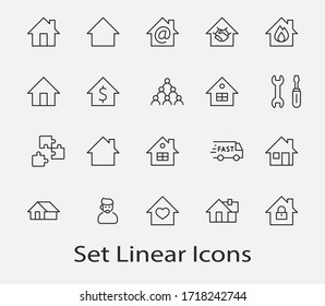 Set of House Vector Home Line Icons. Contains symbols of Conclusion of Contract, Heart, Drop of water, fire, money and more. Editable Stroke. 32x32 pixels.