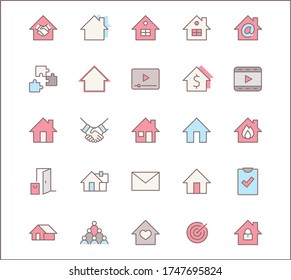 Conjunto de iconos de la línea principal del vector de la casa. Contiene símbolos de Conclusión de contrato, corazón, gota de agua, fuego, dinero y más. Stroke editable. 32x32 píxeles.