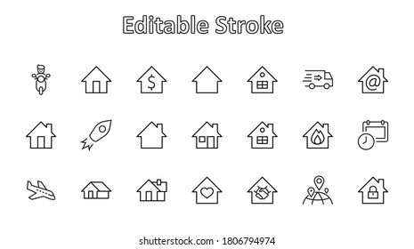 Conjunto de iconos de la línea principal del vector de la casa. Contiene símbolos de Conclusión de contrato, corazón, gota de agua, fuego, dinero y más. Stroke editable. 32x32 píxeles.