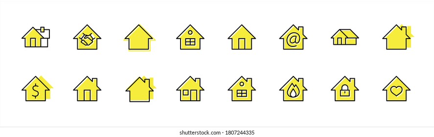 Conjunto de iconos de la línea principal del vector de la casa. Contiene símbolos de Conclusión de contrato, corazón, gota de agua, fuego, dinero y más. Stroke editable. 32x32 píxeles.