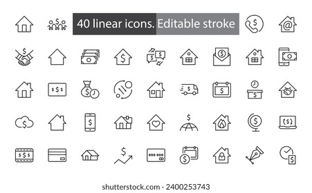 Set of House Vector Home Line Icons. Contains symbols of Conclusion of Contract, Heart, Drop of water, fire, money and more. Editable Stroke. 32x32 pixels.