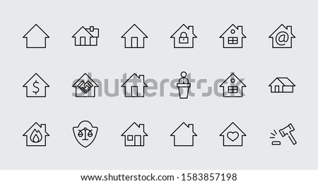 Set of House Vector Home Line Icons. Contains symbols of Conclusion of Contract, Heart, Drop of water, fire, money and more. Editable Stroke. 32x32 pixels.