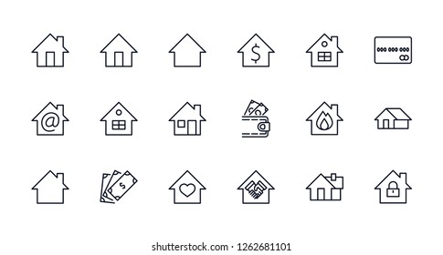 Set of house vector line icons. Contains symbols of the conclusion of the contract, heart, a drop of water, fire, money and many other things. Editable move. 32x32 pixels.