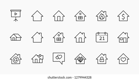 Set of house vector line icons. Contains symbols of the conclusion of the contract, heart, a drop of water, fire, money and many other things. Editable move. 32x32 pixels.