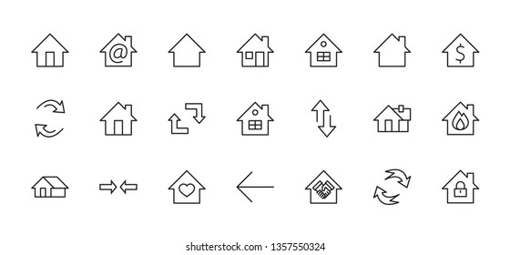 Set of House vector line icons. Contains symbols of the conclusion of the contract, heart, a drop of water, fire, money and many other things. Editable Stroke. 32x32 pixels.