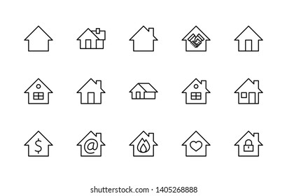 Set of House vector line icons. Contains symbols of the conclusion of the contract, heart, a drop of water, fire, money and many other things. Editable Stroke. 32x32 pixels.