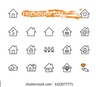 Set of House vector line icons. Contains symbols of the conclusion of the contract, heart, a drop of water, fire, money and many other things. Editable Stroke. 32x32 pixels.