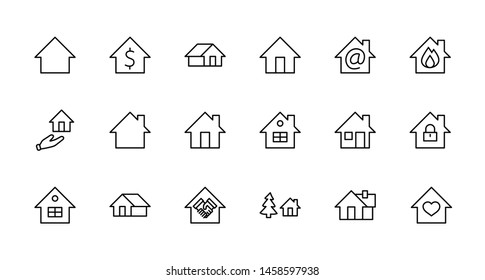 Set of House vector line icons. Contains symbols of the conclusion of the contract, heart, a drop of water, fire, money and many other things. Editable Stroke. 32x32 pixels.