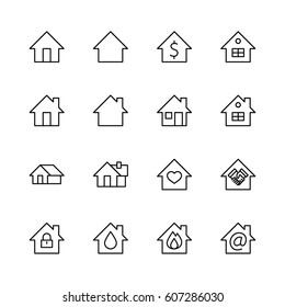 Set of house vector line icons. Contains symbols of the conclusion of the contract, heart, a drop of water, fire, money and many other things. Editable move. 32x32 pixels.