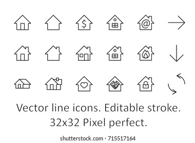 Set of house vector line icons. Contains symbols of the conclusion of the contract, heart, a drop of water, fire, money and many other things. Editable move. 32x32 pixels.