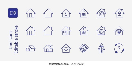 Set of house vector line icons. Contains symbols of the conclusion of the contract, heart, a drop of water, fire, money and many other things. Editable move. 32x32 pixels.