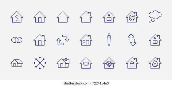 Set of house vector line icons. Contains symbols of the conclusion of the contract, heart, a drop of water, fire, money and many other things. Editable move. 32x32 pixels.