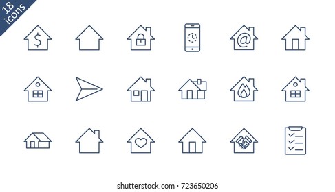 Set of house vector line icons. Contains symbols of the conclusion of the contract, heart, a drop of water, fire, money and many other things. Editable move. 32x32 pixels.