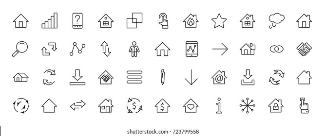 Set of house vector line icons. Contains symbols of the conclusion of the contract, heart, a drop of water, fire, money and many other things. Editable move. 32x32 pixels.