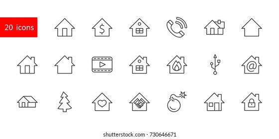 Set of house vector line icons. Contains symbols of the conclusion of the contract, heart, a drop of water, fire, money and many other things. Editable move. 32x32 pixels.