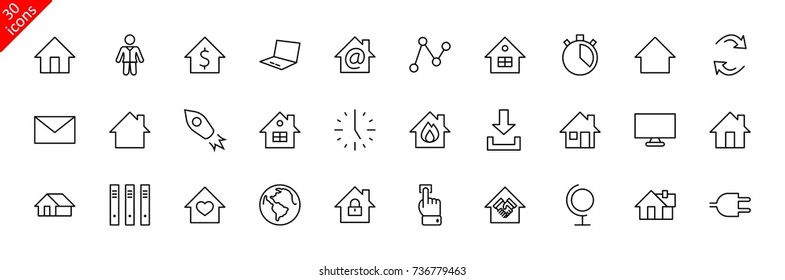 Set of house vector line icons. Contains symbols of the conclusion of the contract, heart, a drop of water, fire, money and many other things. Editable move. 32x32 pixels.