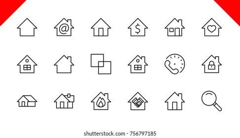 Set of house vector line icons. Contains symbols of the conclusion of the contract, heart, a drop of water, fire, money and many other things. Editable move. 32x32 pixels.