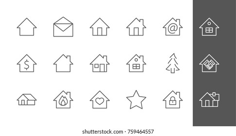 Set of house vector line icons. Contains symbols of the conclusion of the contract, heart, a drop of water, fire, money and many other things. Editable move. 32x32 pixels.