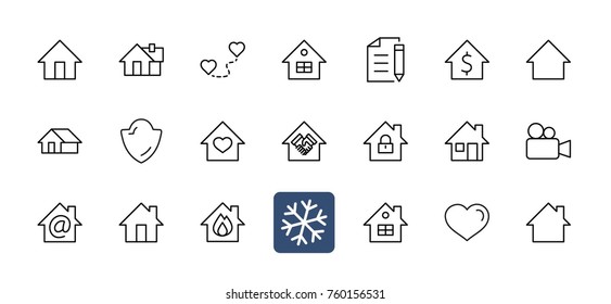 Set of house vector line icons. Contains symbols of the conclusion of the contract, heart, a drop of water, fire, money and many other things. Editable move. 32x32 pixels.
