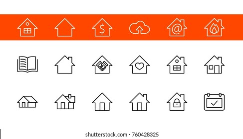 Set of house vector line icons. Contains symbols of the conclusion of the contract, heart, a drop of water, fire, money and many other things. Editable move. 32x32 pixels.