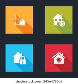 Set House with wind turbine, Smart home, under protection and  icon. Vector
