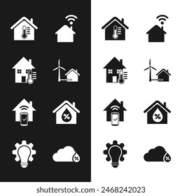 Set House with wind turbine, temperature, Smart home wi-fi, remote control system, humidity, Humidity and Light bulb and gear icon. Vector