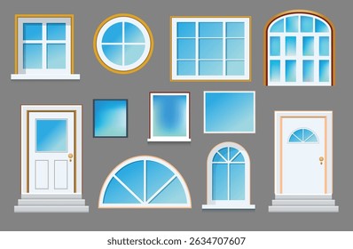 Set of house Windows and doors, house outdoor and indoor frame shapes, glass windows best modern collections