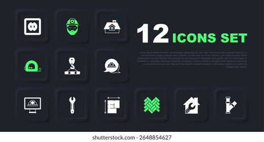 Set House with wrench spanner, Industry metallic pipe, Crane hook, Parquet, Roulette construction, Wrench, Builder and plan icon. Vector