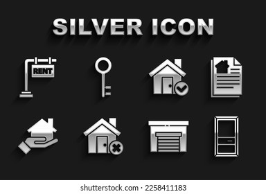 Set House with wrong mark, contract, Closed door, Garage, Realtor, check, Hanging sign Rent and key icon. Vector