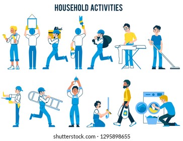Set of household activities, in flat cartoon style, isolated vector illustration on white background. Flat cartoon men do household chores. Guys do housework, housekeeping at home.