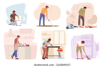 Set of Household Activities, Man Mopping, Sweeping and Vacuuming Floor, Cleaning Home Furniture with Duster, Washing Dishes, Unclog Toilet. Housekeeping Duties Management. Cartoon Vector Illustration