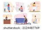 Set of Household Activities, Woman Mopping Floor, Cleaning Home Window, Ironing Clothes, Washing Dishes and Put Dirty Linen into Machine. Housekeeping Management of Duties. Cartoon Vector Illustration