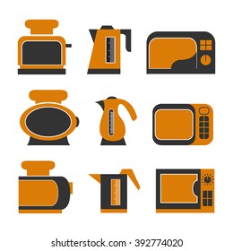 The set of household appliances consisting of a teapot of the microwave oven and a toaster