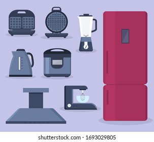Set of household appliances design flat. Appliances household, household items, washing machine, kitchen appliances, appliance home, machine and equipment, refrigerator and microwave illustration