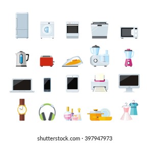 Set of household appliances design flat. Appliances household items, washing machine, kitchen appliances home, machine and equipment, refrigerator and microwave vector illustration