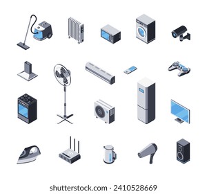 Set of household appliances, electronics, computer. Vector isometric isolated object. Climatic equipment, equipment for cooking and storing food. Gadgets for games, music. Surveillance camera, monitor