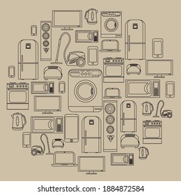 un conjunto de electrodomésticos e iconos electrónicos nube redonda de objetos electrodomésticos pequeños y grandes ensamblados ilustración vectorial