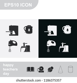 Set of household appliances flat black and white vector icon.