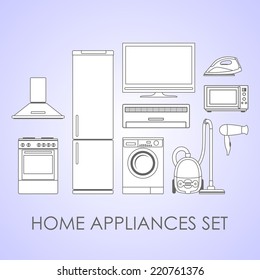 Set of household appliances in flat contour style on light background