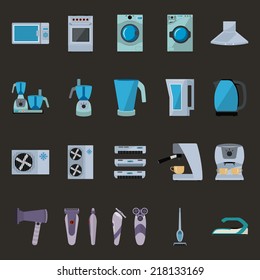 Set of household appliances flat icons with microwave, gas cooker, extractor hood, food processor, water filter, kettle, air conditioning, coffee machine, dryer, shaver, vacuum and Iron