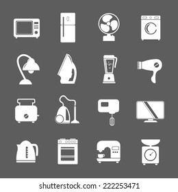 set of household appliances flat icons with a washing machine stove fridge lamp kettle hairdryer mixer coffee machine iron weigher fan monitor microwave vacuum cleaner and toaster