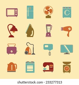 set of household appliances flat icons with a washing machine stove fridge lamp kettle hairdryer mixer coffee machine iron weigher fan monitor microwave vacuum cleaner and toaster