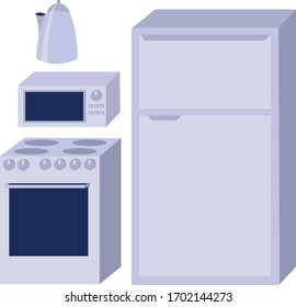 Set of household appliances. Fridge and stove. Microwave and electric kettle. Blue design. Objects for the design of the store, flyers, banners and advertising.
