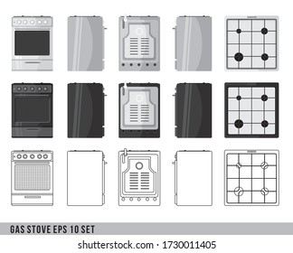 Set of household appliances. Gas cooker top and stove. Vector flat illustration. Isolated on white background. Realistic style. Side set of colored and lined gas oven. Tips for kitchen and your design