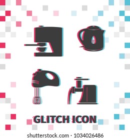 Set of household appliances  glitch effect vector icon.