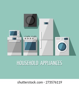 Set of household appliances. Home appliances. Kitchen equipment. Vector flat illustration.